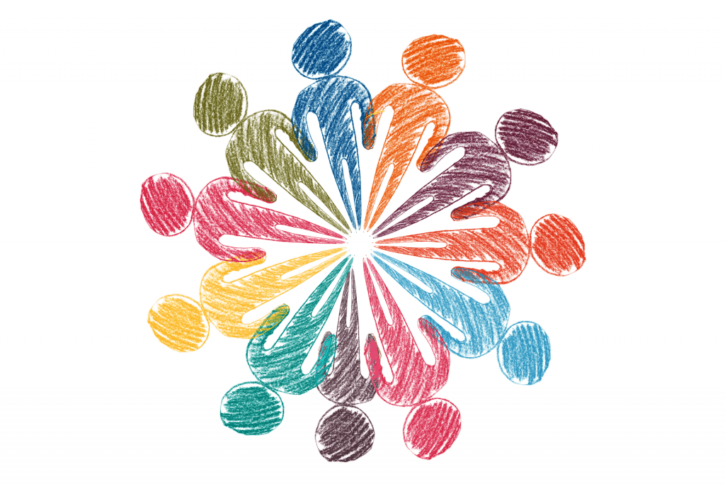 Ilustración que representa a un grupo de personas en círculo cada una de un color diferente